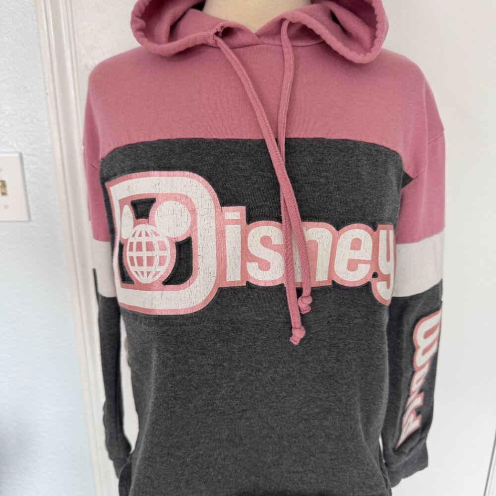 Disney Pink & Gray Colorblock Hoodie Medium Mickey Logo Sweatshirt - Picture 8 of 10
